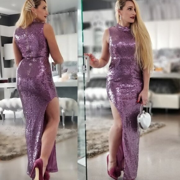 Purple Sequin Dress with High Slit - Picture 2 of 3